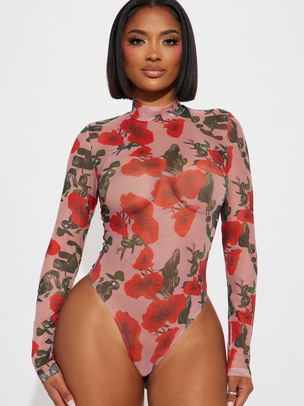 Floral Print Mock Neck Long Sleeve Bodysuit - Red Combo